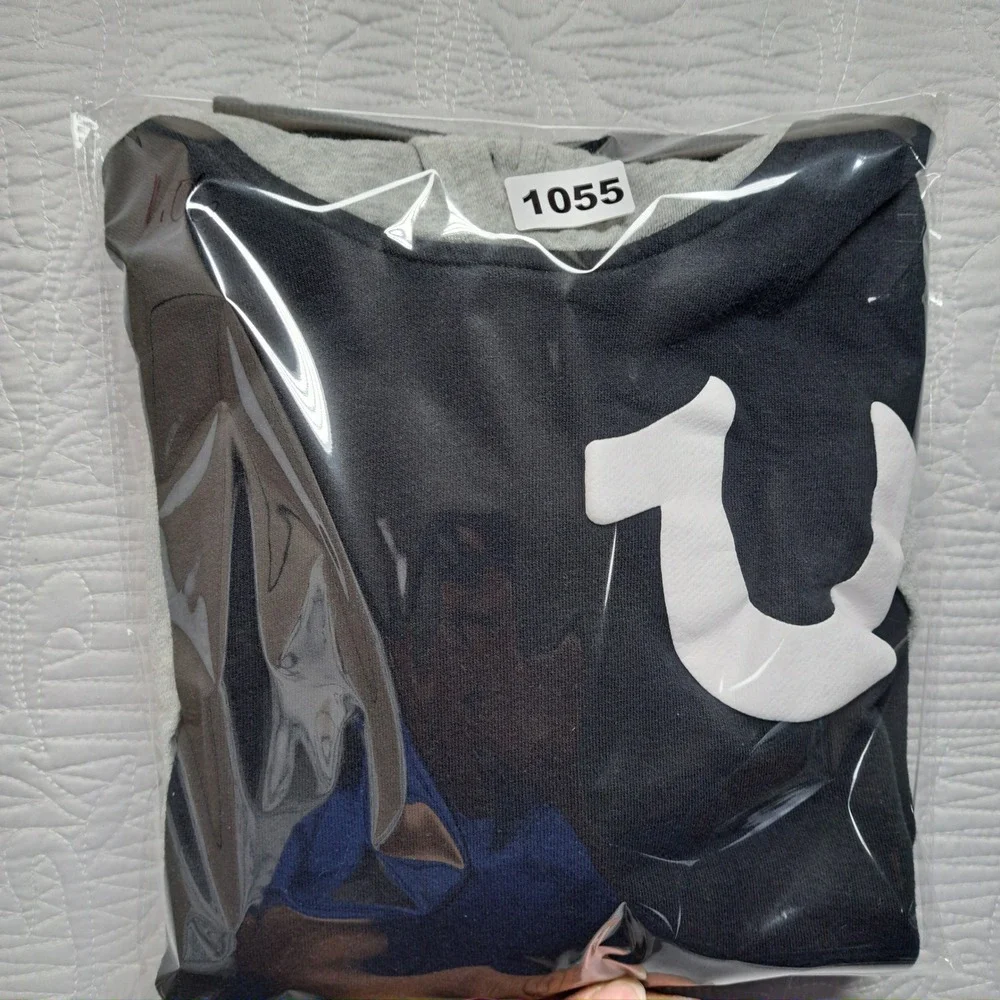 True Religion Color Block Pullover Hoodie Mens Medium Black Grey Excellent Logo